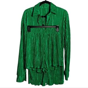 Oversized 2piece Pleated Long Sleeve Button Blouse Top Wide Leg Short Set Size S